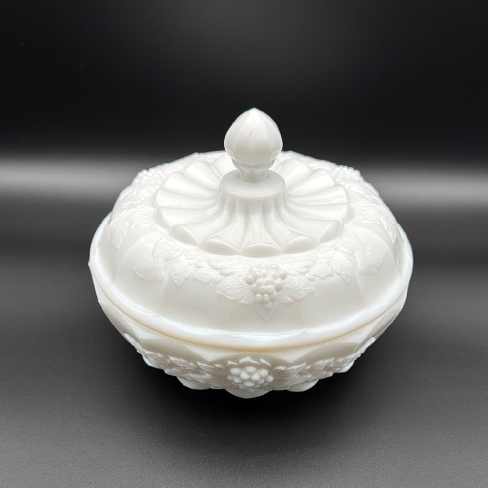 Vintage Westmoreland Elegant White Milk Glass Lidded Grape Paneled Covered Dish